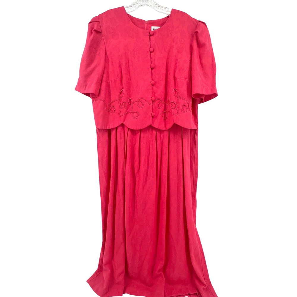 Miss‎ Dorby Vintage Pink Scalloped Midi Dress Size 16 Short Sleeve Cottagecore